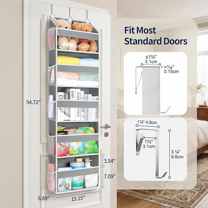Yecaye Over the Door Organizer 5 Tiers, Heavy Duty Hanging Storage with 5 Large Clear PVC Pockets and 10 Side Pockets, 56lbs Capacity for Closet Door Bathroom Bedroom Nursery Dorm Laundry Room, Grey