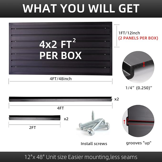 FRAYSCENT Slat Wall Paneling Garage Wall Organizer, Slatwall Panels Garage Tool Organizer Wall Mount Garage Slat Wall Storage Systems, Slat Board PVC Wall Panels Garage Storage (Black, 4ftx2ft)