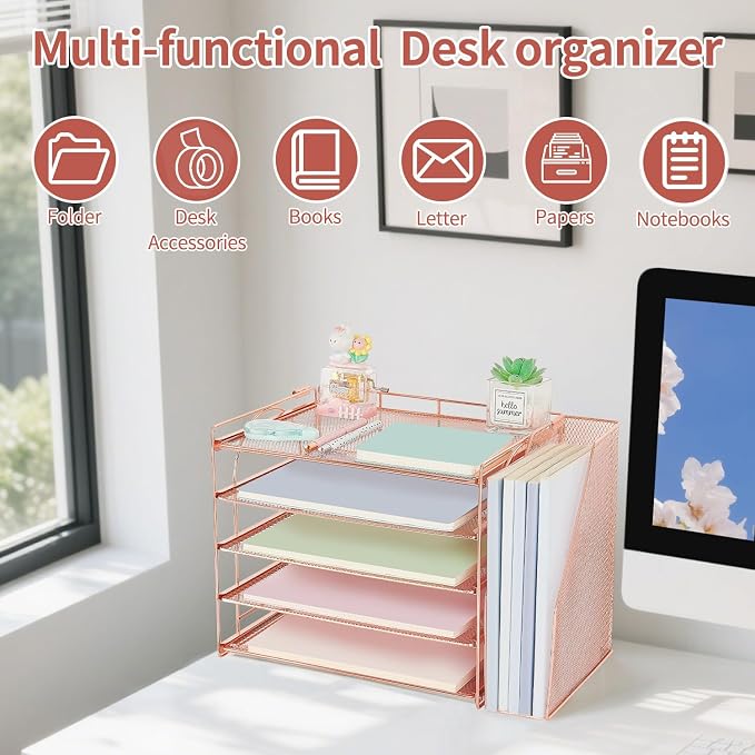 AUPSEN Rose Gold Desk Organizers and Accessories, 5-Tier Desktop Paper File Organizer with Removable File Holder, Desk Accessories & Workspace Organization for Home Office Supplies (Rose Gold)