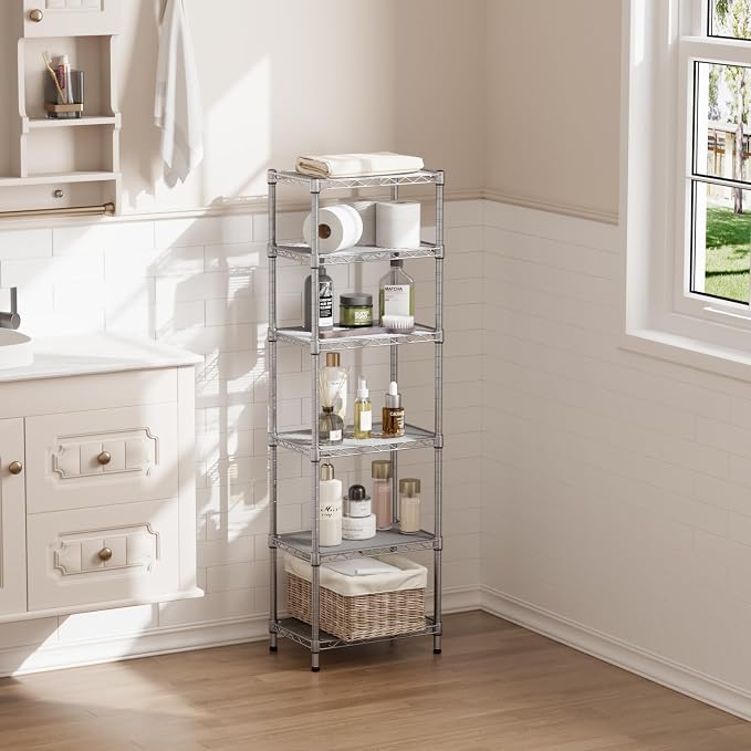 SINGAYE Metal Shelves Wire Shelving Storage Standing Adjustable Shelf Unit | 6 Tier Mesh Units Shelf for Kitchen Laundry Bathroom Closet Organizers Pantry Narrow Home Rack 10" D x 16" W x 63" H Gray