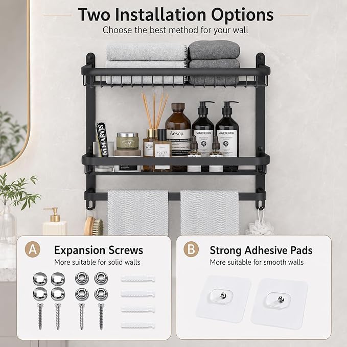 23 Inch Towel Rack for Bathroom with 3 Tier Shelf Double Bar Hook (Black) | 90 Degree Foldable Top Design, Wall Mounted Storage Shelf of 304 Stainless Steel, No Drill or Screw Installation
