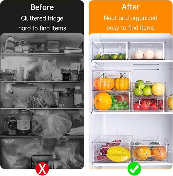 7 Pack Refrigerator Organizer Bins | 4 Sizes Stackable Clear Pantry Storage Bins with Handles for Fridge, Shelves, Drawer, Snack Organizer for Home & Kitchen