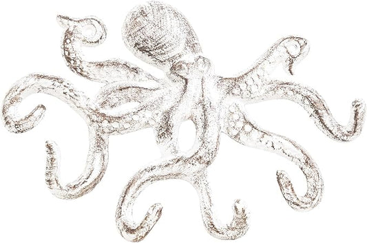 Sungmor Cast Iron Key Holder for Wall, White Octopus Hanger with 6 Hooks, | Wall Hooks for Towel, Bathrobe, Necklaces, Purse, Dog Leashes, Bathroom Nautical Decor