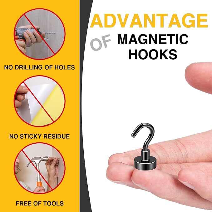 DIYMAG Magnetic Hooks 6pcs 30lbs+ Cruise Essentials 2026 Magnet Hook Black | Neodymium Heavy Duty Strong Magnets Hanging Ship Cabins Refrigerator Fridge Classroom Beach Vacation Kitchen Grills Home Tool