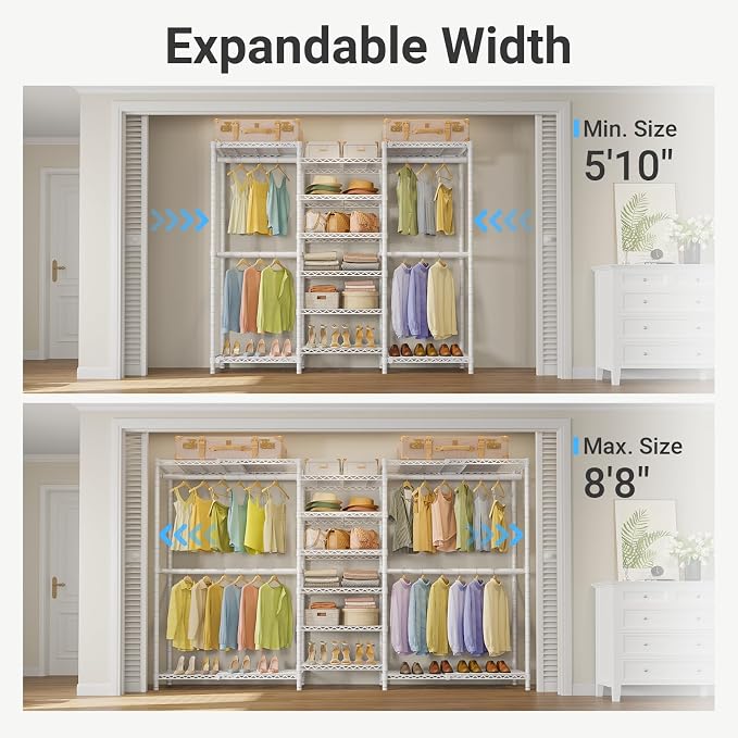 VIPEK X3 Plus Large Expandable Closet Rack Wardrobe Closet Organizer White | Freestanding Clothes Racks with Adjustable Shelves and Hanger Rods from 5'10" to 8'8", Large Modular Closet Systems 1360LBS