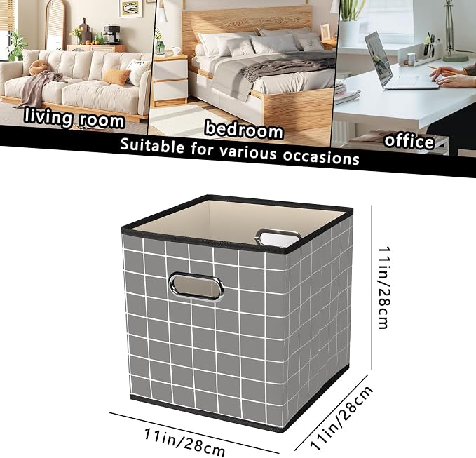 Yunkeeeper storage bins Cubes, Fabric Cube Organizer with Handle, Foldable Cube Bins for Cloth or Accessary Storage, 11x11x11, Set of 6, (Grey grid)
