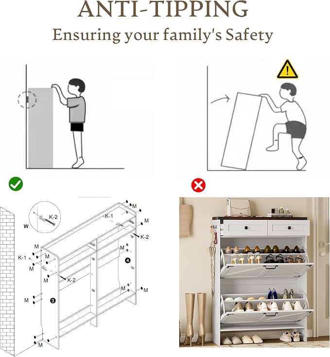 BORNOON Shoe Cabinet with Odor Control Deodorizer and Back Panel, Farmhouse Narrow Shoe Storage Cabinet Rack for Entryway with 2 Flip Drawers and 2 Top Drawers, Adjustable Shelves, Side Hooks