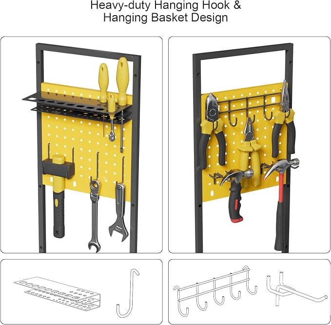 Power Tool Organizer Cart with Charging Station, Heavy Duty Garage Tool Organizer Rolling Tool Battery Storage with 8-Outlet Power Strip, a 6.5-FT Cord,4 Wheels, 2 Hanging Baskets, Hooks ,Yellow