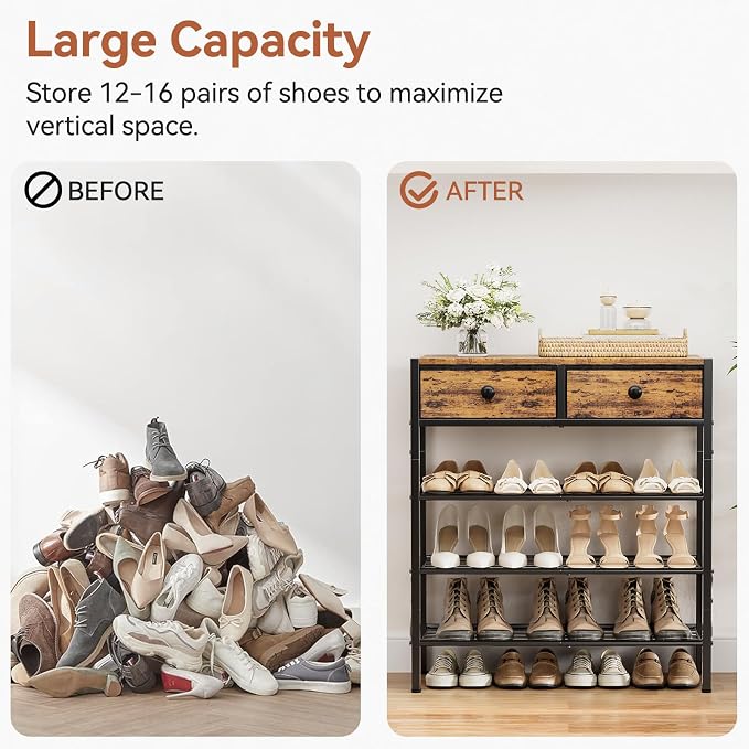 4 Tier Shoe Rack with 2 Drawers, 12-16 Pairs Rustic Brown | Holds 12-16 pairs. 2 drawers for socks/keys. Removable layer for boots. Anti-tip kit. Quick assembly.