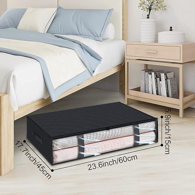 Under Bed Storage Containers, 4-Pack Large Underbed Storage Bags Organizer, Thick Fabric Storage Bins with Clear Window and Handles for Blanket, Comforter, Bedding, Clothes, Black