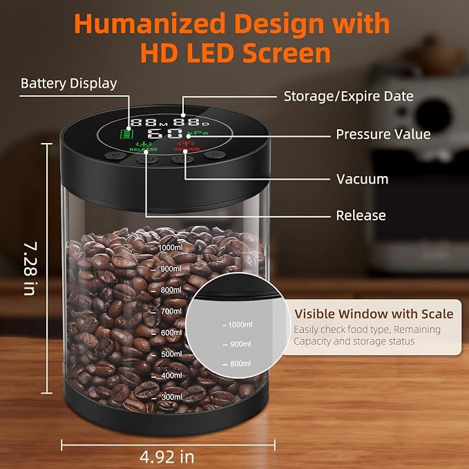 Electric Vacuum Coffee Canister, 1.3L Glass Airtight Food Storage Container | with Smart Pressure Sensor, Automatic Coffee Bean Container Rechargeable with LED Display Window for Kitchen Food Storage