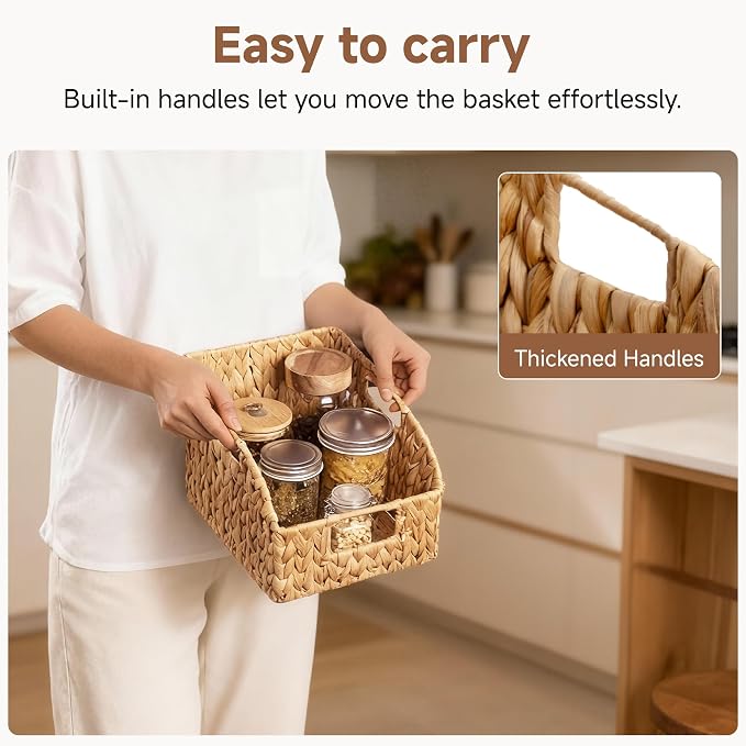 StorageWorks Pantry Baskets for Organizing, Wicker Basket with Built-in Handles, Handwoven Wicker Storage Baskets, Water Hyacinth for Shelves, 2 Pack