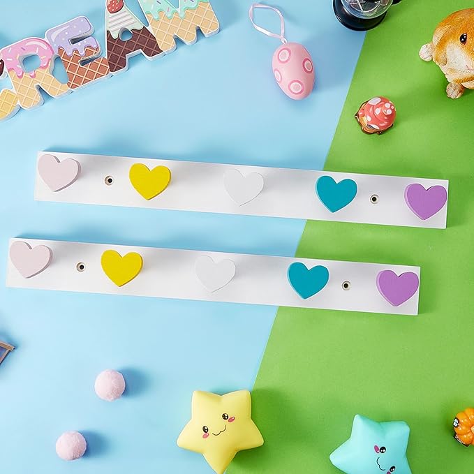 Maitys 2 Pcs Kids Coat Rack Wall Mount Kids Wall Hooks Rainbow Coat Rack Hooks for Boys Girls Toddler Cute Bathroom Decor Colorful Backpack Hanger Supplies for Clothes Hat Towel in Bedroom(Heart)