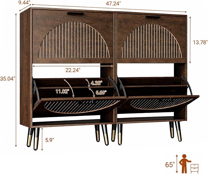 Farmhouse Shoe Cabinet Storage for Entryway, Slim Shoe Rack Cabinet with 4 Flip Drawers, Narrow Shoe Organizer Cabinet with Stylish Round Panel, Metal Leg and Handle