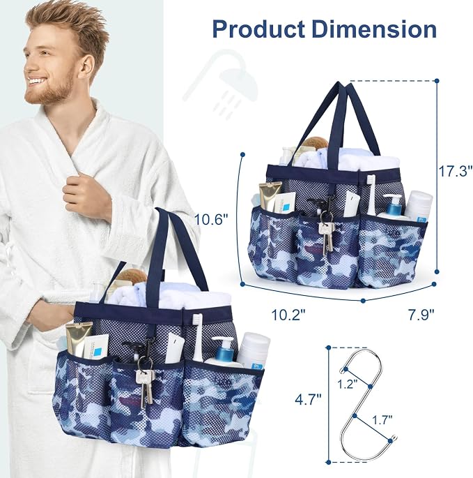 Mesh Shower Caddy Portable - 8 Pockets, S-Hook, Shower Bag for Dorm Camping | 2-Handle, Quick-Dry, Toiletry Organizer, College Dorm Room Essentials for Girls, Gym, Travel & Bathroom, Blue Camouflage