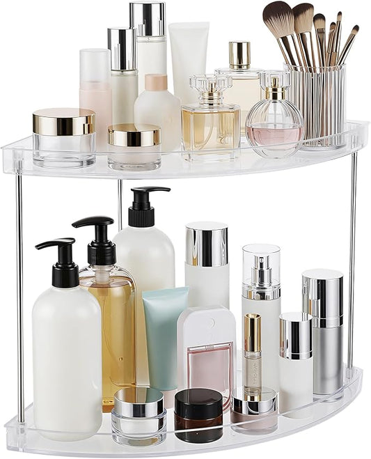 2 Tier Bathroom Counter Organizer, Clear Vanity Shelf Organizer for Skincare & Perfume, Non-Slip Bathroom Counter Shelf for Small Spaces, Bathroom Vanity Organizer Countertop (Triangular)