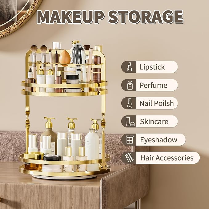 360 Rotating Makeup Organizer,Perfume Organizer, Bathroom Counter Organizer | 2-Tier Large Capacity Gold Vanity Organizer for Dresser,Perfume Shelf with Makeup Brush Holder Stores Skincare and Cosmetics