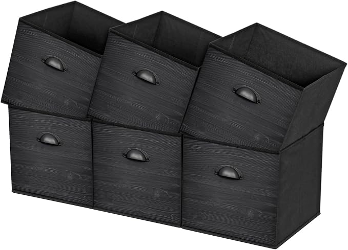Cube Storage Organizer Bins, 11x11 Inch Bins Baskets Box for Cube Storage, Made from Natural Bamboo and Sturdy 210D Oxford Fabric, Set of 6, Beige | Foldable cloth bins with printed black wood look design. Collapsible for easy storage. Ideal for closet...
