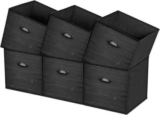 Cube Storage Organizer Bins, 11x11 Inch Bins Baskets Box for Cube Storage, Made from Natural Bamboo and Sturdy 210D Oxford Fabric, Set of 6, Beige | Foldable cloth bins with printed black wood look design. Collapsible for easy storage. Ideal for closet...