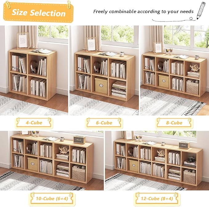 NELYE 6 Cube Organizer Bookcase Oak Open Shelf | Suitable for 11-inch Fabric Storage Bins, Simple Compartments Bookshelf, Holds 20 Lbs per Cube