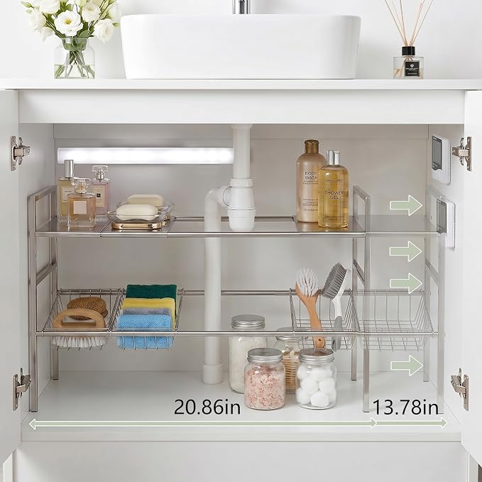 Under-Sink Organizer 2-Tier Expandable Cabinet Storage (4 panels 4 baskets) | LED Motion-Sensing Auxiliary Lighting Dial Thermometer Stainless Steel Telescopic & Adjustable Rust-Resistant