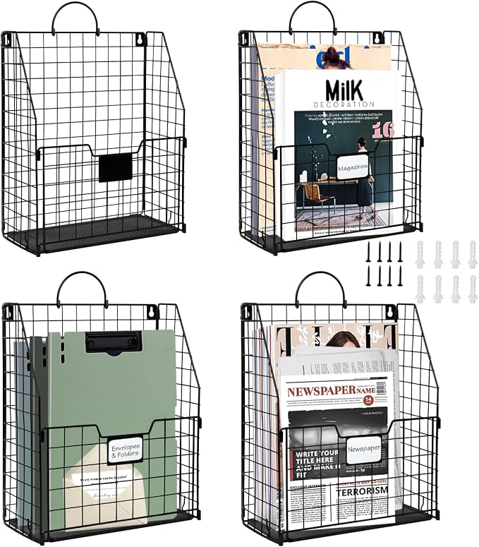 DILIBRA 4 Packs Hanging Wall File Organizer, Foldable Magazine File Holder | Wall Magazine Holder with Handle and Tag Slot, Metal Wall Mounted Mail Organizer Rack Folder Holder for Document Office Door