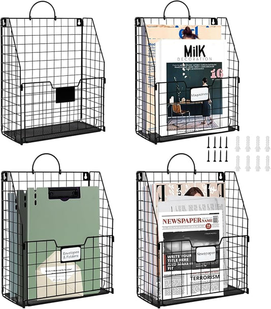 DILIBRA 4 Packs Hanging Wall File Organizer, Foldable Magazine File Holder | Wall Magazine Holder with Handle and Tag Slot, Metal Wall Mounted Mail Organizer Rack Folder Holder for Document Office Door