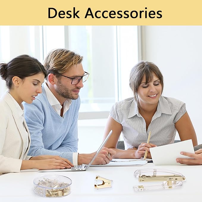 suniya Office Supplies Gold Desk Accessories Set Office Supplies Kit with Stapler, Tape Dispenser, Scissors, Staple Remover, Ballpoint Pen, Clear Tape & Staples – Best Gift for Business or Boss