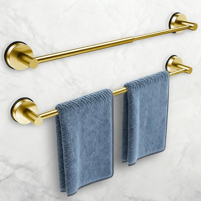 14.6inch~24inch Towel Racks for Bathroom,Adjustable Suction Cup Towel Bar for Bathroom Wall,Stainless Steel Bath Towel Holder for Shower,2 Pack(Brushed Gold)