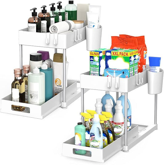 2 Pack Under Sink Organizer with Pull-Out Drawer, White | 2-Tier Cabinet Storage, Kitchen & Bathroom, Tool-Free Assembly, Fits Cleaning Supplies & Toiletries, Space Saving