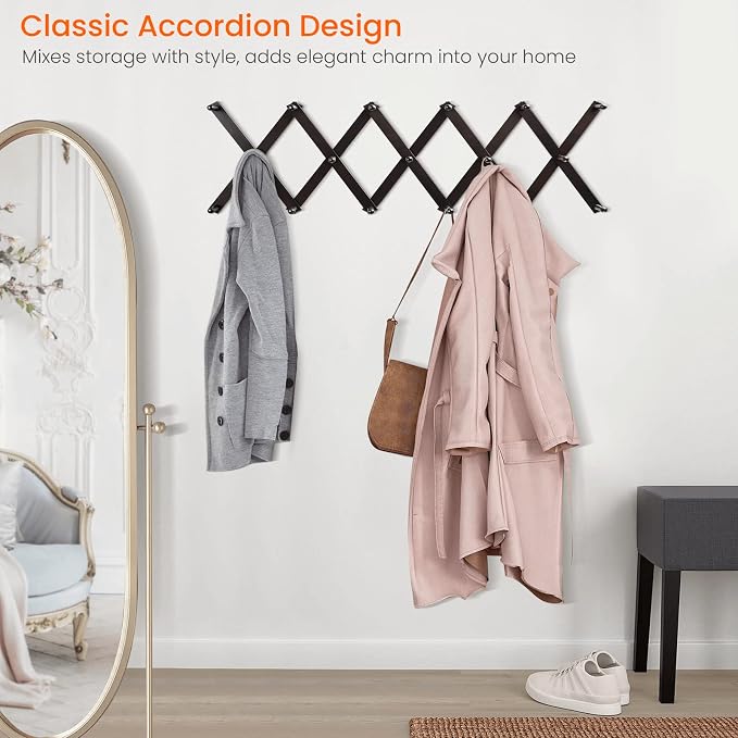 Accordion Wall Hanger, Hat Hangers Wall Mounted, Wood Accordian Coat Rack with 17 Hooks, Expandable Peg Rack Wall Organizer for Hanging Baseball Caps, Hats, Purse, Coffee Cup, Bag, Walnut