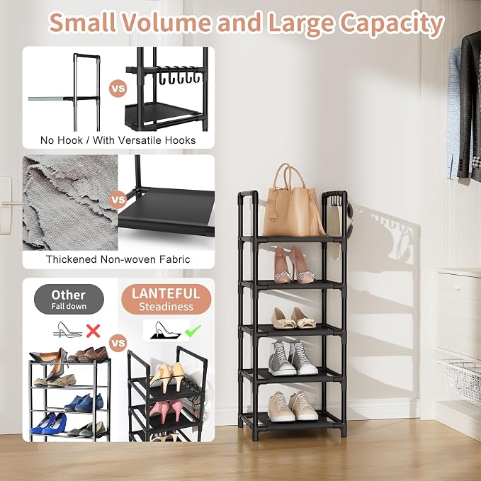 LANTEFUL Narrow Shoe Rack 5 Tier Shoe Shelf Storage for 5-10 Pairs Shoe and Boot, Sturdy Shoe Storage Space Saving Corner Shoe Rack Organizer for Closet, Entryway, Living Room, Black