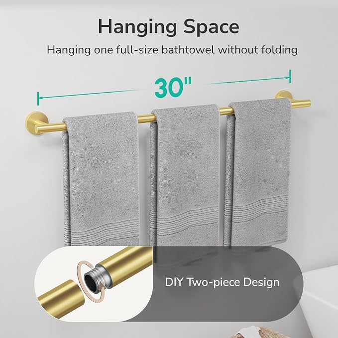 USHOWER Light Gold Bath Towel Bar, 30-Inch Towel Racks for Bathroom | Thicken SUS304 Stainless Steel Towel Rod, Towel Holder Wall-Mounted, Modern Home Decor (Total Length 32-Inch)