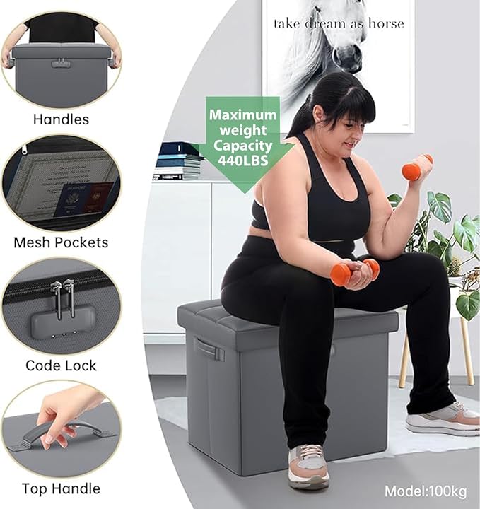 DocSafe Storage Ottoman with Lock,Fireproof Folding Ottoman Foot Rest Stool Storage Chest with Storage Safe for Important Documents,Waterproof 17 Inches Short Ottoman Foot Stool with Handles,Grey