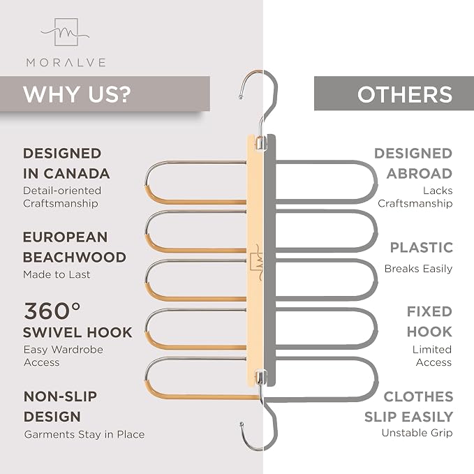 MORALVE Pants Hangers Space Saving - 4 Pack European Beechwood Scarf and Jean Hangers - Closet Organizer and Space Saver Pant Rack, Leggings Hanger, and Scarf Holder with 360° Swivel Hook
