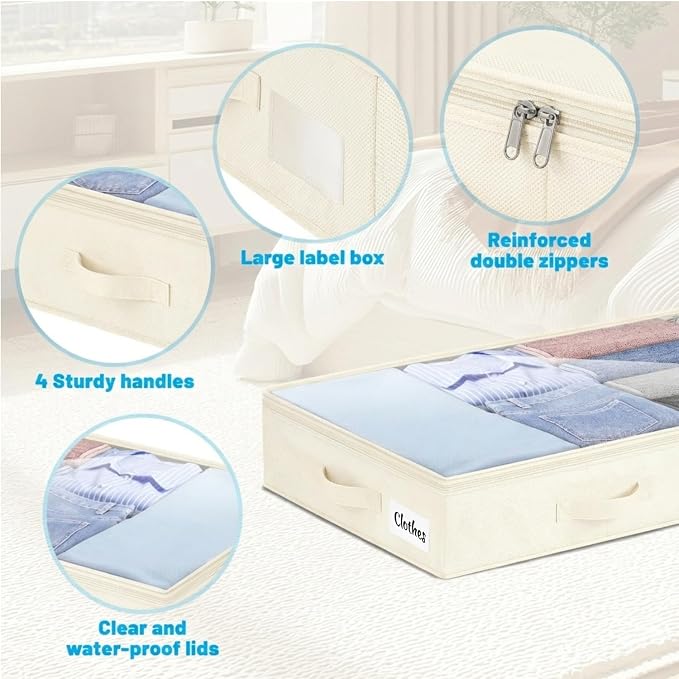 4 Inch Low Profile Under Bed Storage Drawer 4 Pack, Lightweight Underbed Clothes Storage Container Bins With NO STURCTURE, Shallow Storage Bag for Dorm & Home, With Clear Lids & Water-Resistant Fabric