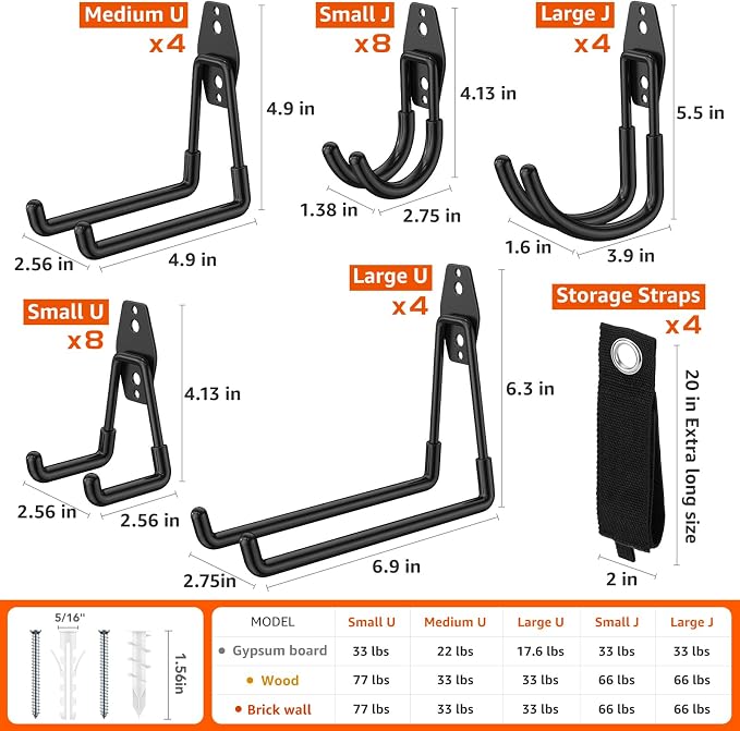 32-Pack Heavy Duty Wall Mount Garage Hooks | Hanging Storage For Ladders, Hoses, Bikes, Garden Tools, Ropes; For Yard, Warehouse, Workshop, Shed, Shop