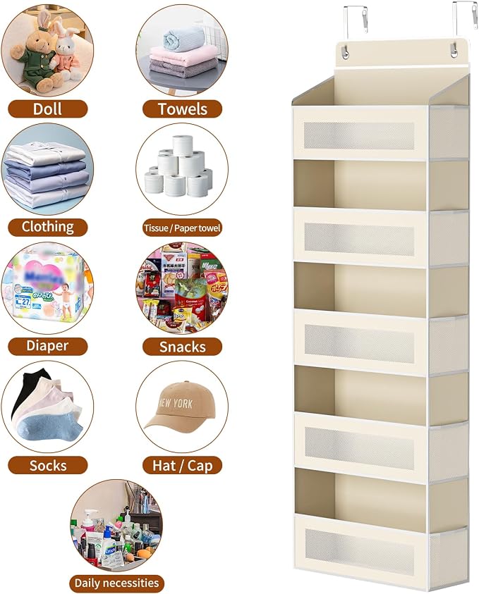 AQOOA 5-Tier Over The Door Organizer 44 lbs Capacity fit Standard Doors | Over the Door Storage with10 Side Pockets Behind Door Storage, Closet Door Organizer Hanging Shelf for Bathroom, Beige