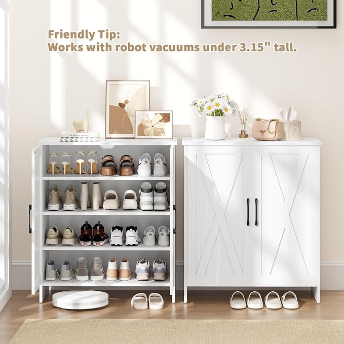 Farmhouse Shoe Storage Cabinet with Doors, 5-Tier Wooden Shoe Cabinet Organizer with 3 Adjustable Shelves, Shoe Rack Shoe Cabinet for Entryway, Hallway, White