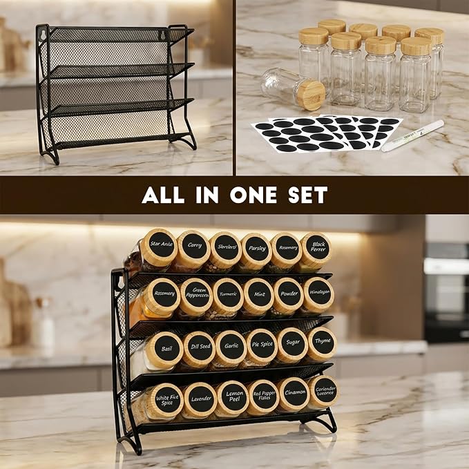 DIDITIME Spice Rack Organizer with 24 Glass Jars and 60 Labels, 4-Tier Seasoning Organizer for Cabinet, Countertop, Pantry or Wall Mount, Rust-Resistant Carbon Steel Spice Jar Set with Marker