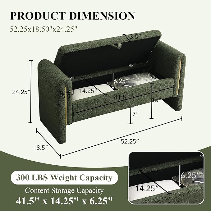 Storage Ottoman Bench, End of Bed Bench with Pull-Ring | 52" Teddy Upholstered, Window Bench with Armrest, Generous Storage, Safety Hinge, Holds 300 LBS, for Bedroom, Olive Green