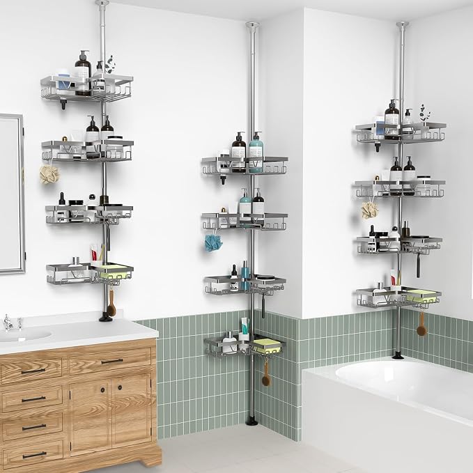 KEGII Corner Shower Caddy Tension Pole, Bathroom Organizer, Gunmetal Gray | 4-Tier Rustproof Storage with Soap Dish, Razor Holder and Hooks, Space-Saving Bathtub Shelf for Apartments and Families