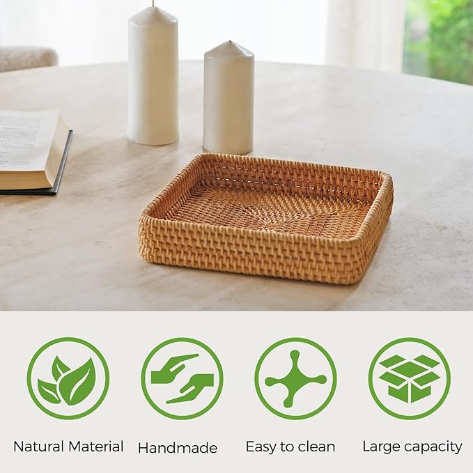 Rattan Serving Tray, Square Wicker Storage Basket for Organizing | Natural Rattan, Decorative Serving Woven Trays Wicker Baskets for Storage, Home Decor, Bathroom, Kitchen Counter