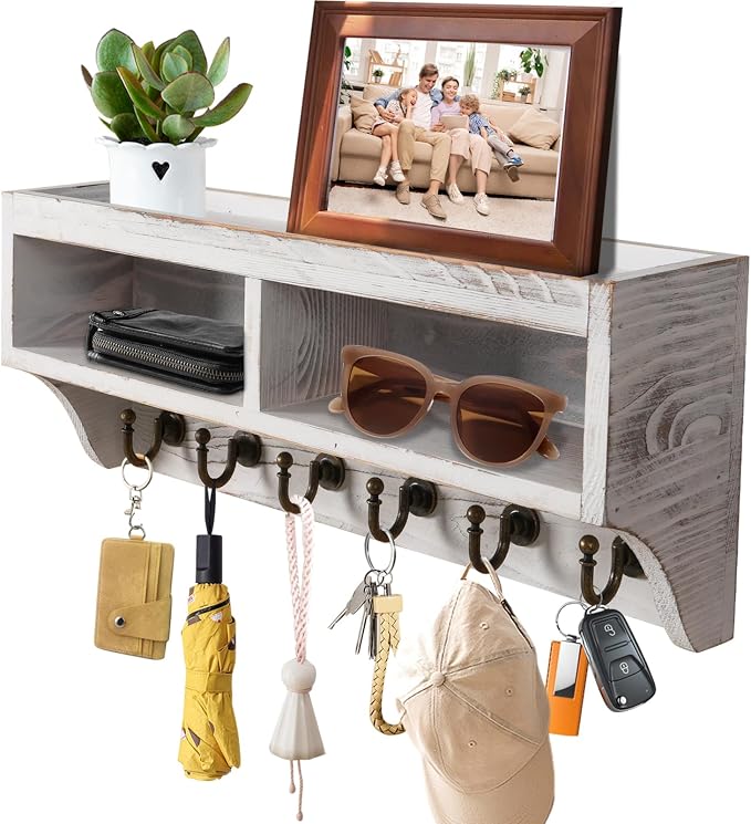 Key Holder Wall Mount with Mail Organizer, 6 Hooks & Shelf, White | Wood Key Holder Wall Mount with 6 Key Hooks, Shelf & Storage Box and Mail Organizer for Entryway, Apartment, Home and Office