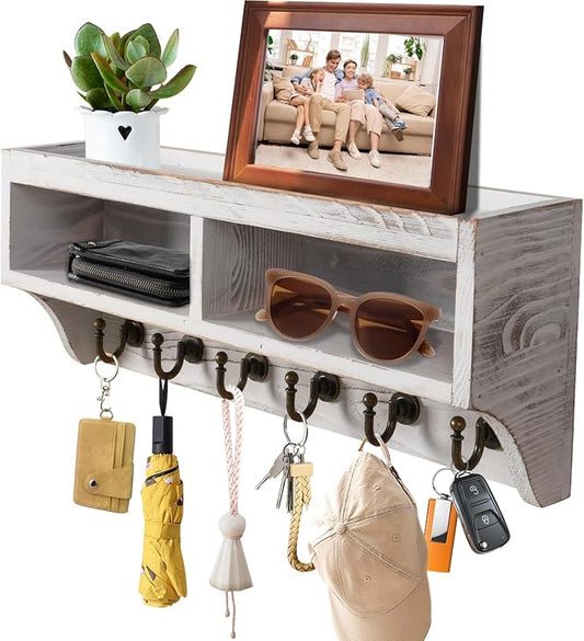 Key Holder Wall Mount with Mail Organizer, 6 Hooks & Shelf, White | Wood Key Holder Wall Mount with 6 Key Hooks, Shelf & Storage Box and Mail Organizer for Entryway, Apartment, Home and Office