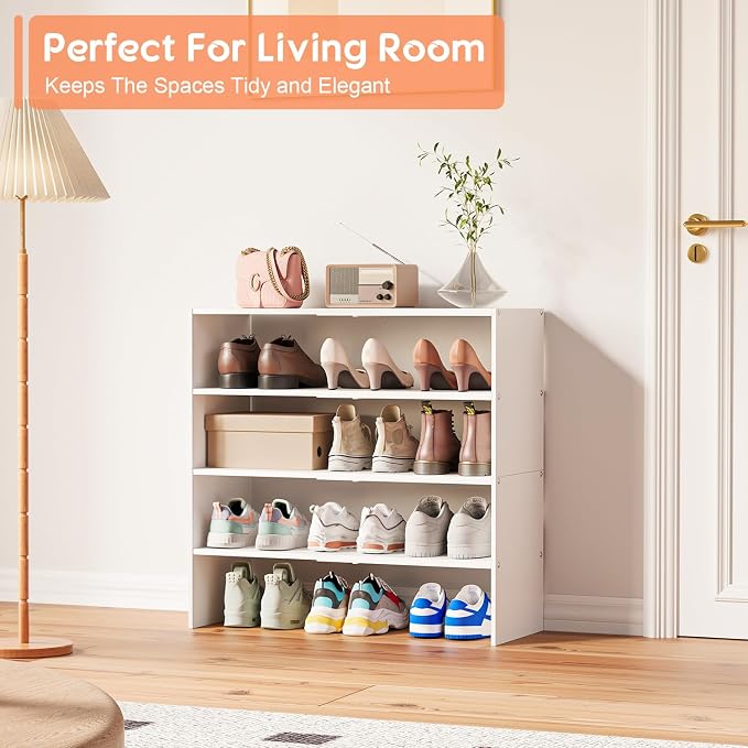 2 Pack Expandable White Shoe Rack Organizer for Closet, 2-Tier Stackable Shoe Storage Shelf, Small Iron Wood Combination Shoe Shelves for Closets,Entryway,Front Door, Narrow Space,Hallway,15-24 Pairs