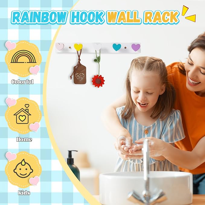 Maitys 2 Pcs Kids Coat Rack Wall Mount Kids Wall Hooks Rainbow Coat Rack Hooks for Boys Girls Toddler Cute Bathroom Decor Colorful Backpack Hanger Supplies for Clothes Hat Towel in Bedroom(Heart)