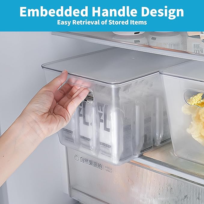 Clear Stackable Fridge Organizer with Lids, 4 Pack Large 11.5×7.5×6 Inch | Stackable clear storage containers with handles, pantry organizer for kitchen, fridge and freezer