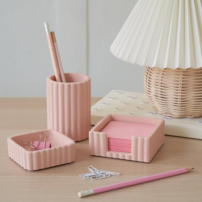Aesthetic Desk Organizer Set of 3 For Your Office - Sturdy Concrete Desktop Accessories For Women Enhance Any Office Decor - Set incl. Pen Holder, Paperclip Storage & Sticky Note Holder for Teacher