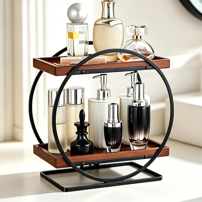 2-Tier Bathroom Counter Organizer, Wooden Perfume Organizer Dresser | Bamboo Countertop Trays Skincare Makeup Vanity Shelf, Organizers and Storage for Bathroom Kitchen,Black & Brown Perfume Stand